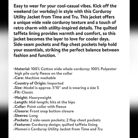 Time and Tru Women’s  Corduroy Utility Jacket, Size XS (0-2) - Picture 10 of 10